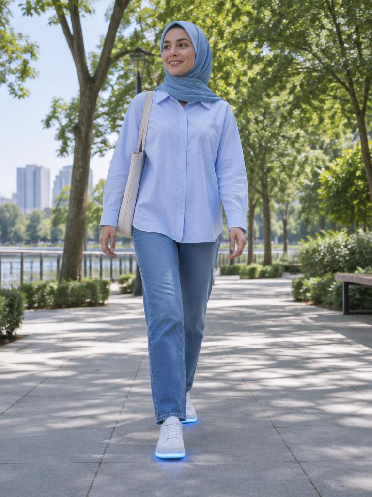 امرأة تمشي في الحديقة بحذاء بإضاءة زرقاء حول النعل